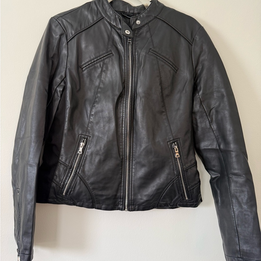 Guess Faux Leather Moto Jacket Women’s Black Size L Biker Zip Jacket